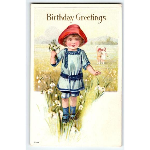 Vintage "Birthday Greetings" Embossed Postcard Young Child with Flowers - Picture 1 of 2